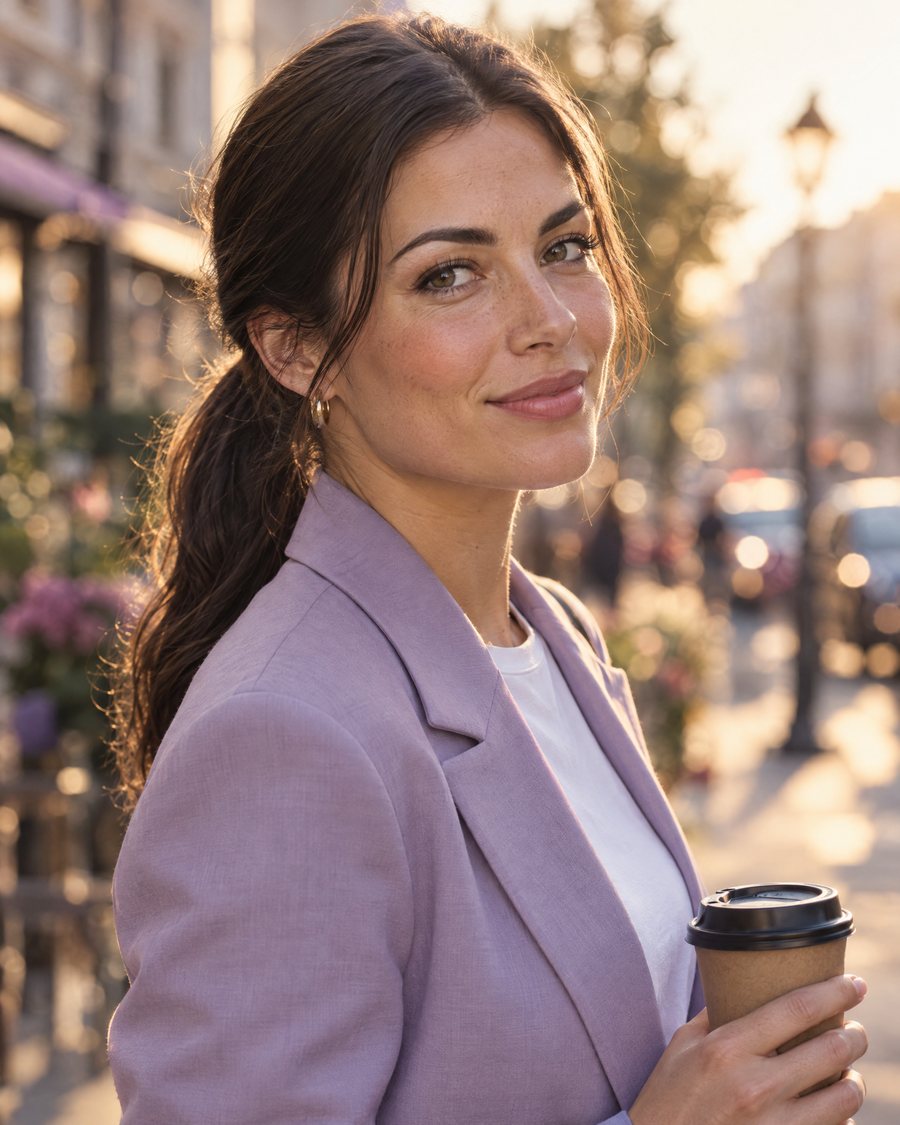 Femeie de aproximativ 30 de ani pe o stradă însorită, cu o cafea